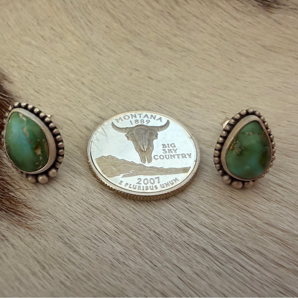 ❤️ Sonoran Gold Turquoise Navajo Style Brushed Sterling Stud Earrings .62”L - Picture 5 of 12